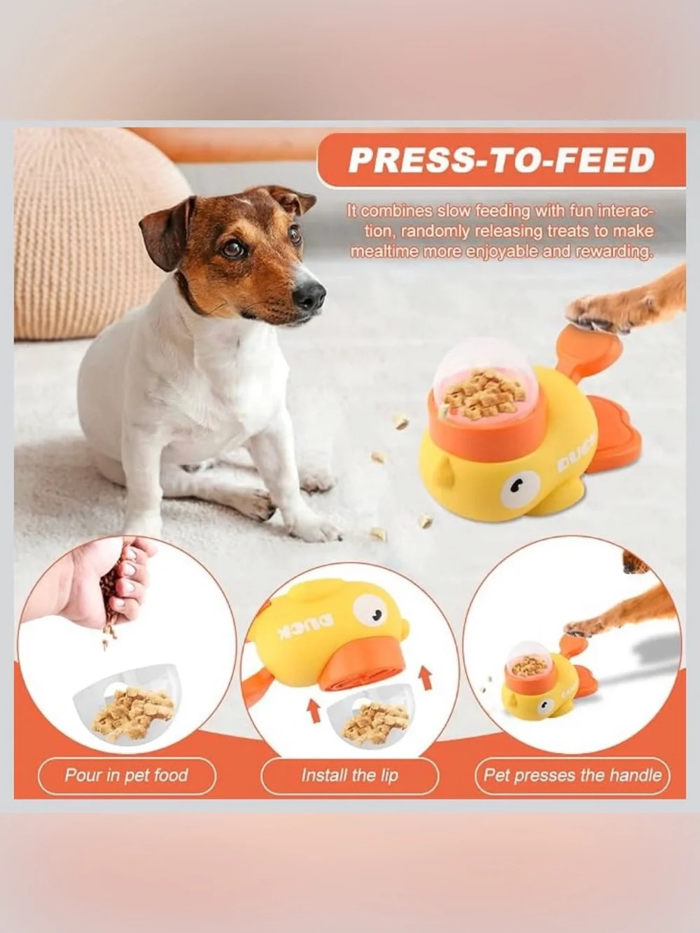Interactive Duck Slow Feeder Dog Bowl - Yellow & Orange